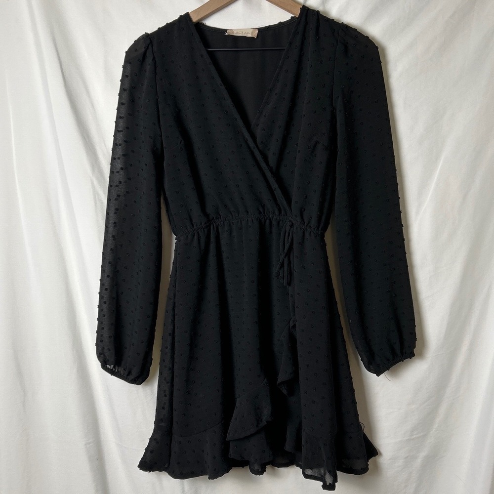 Altard State Women Black Swiss Dot Wrap Mini Dress Ruffle Long Sleeve Size XS